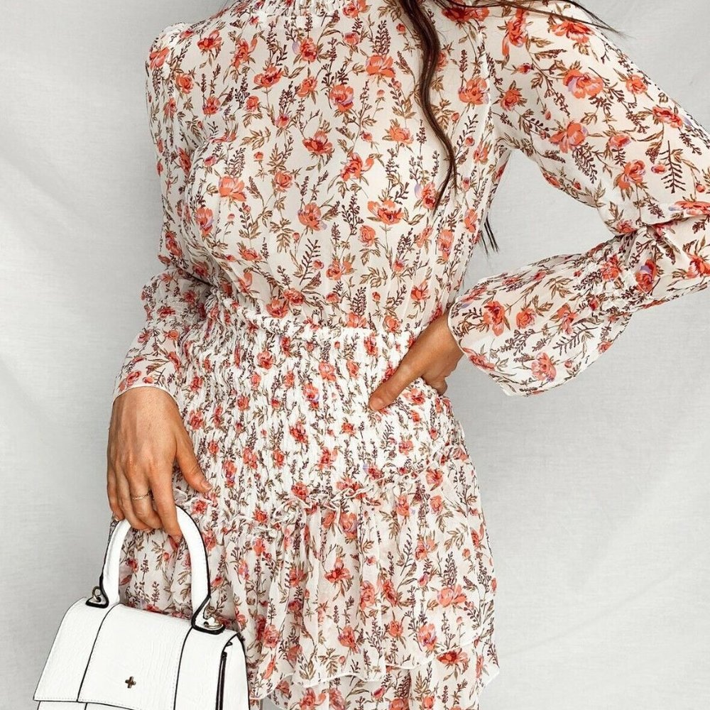 New NWT Women's Princess Polly Guetta Floral Sheer Mini Dress Long Sleeve size 0